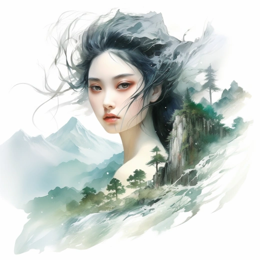 美女雙重曝光，自然風光，水彩藝術