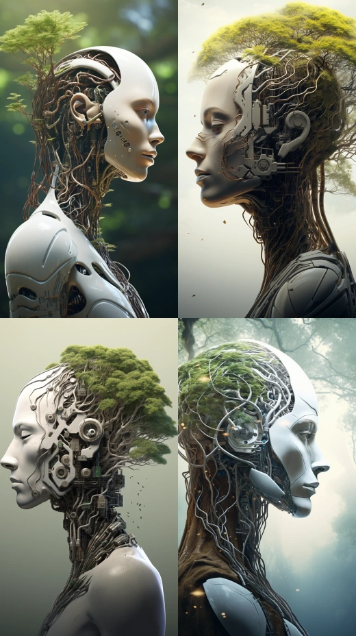 人形頭部側(cè)面輪廓，一棵樹長在一個未來