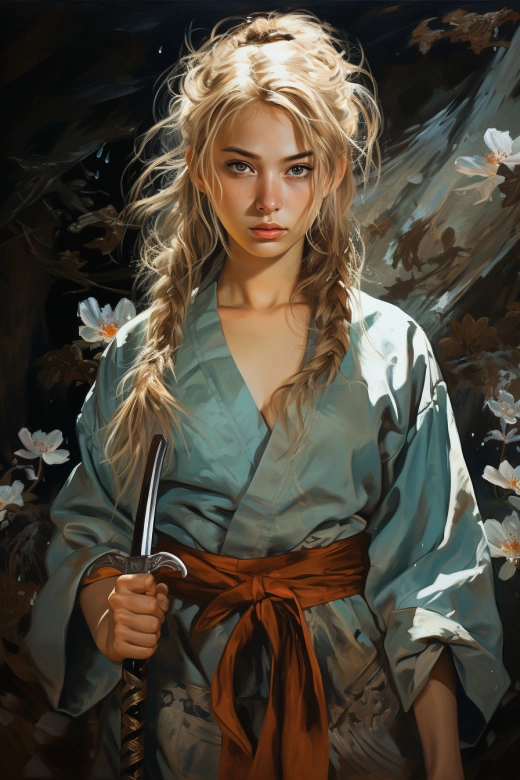 海灘洞穴中的小金發女孩與刀劍奇遇
