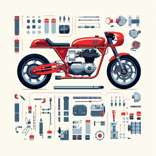 现代赛道摩托车零配件销售的等位素描：简约、向量、扁平、透明背景。