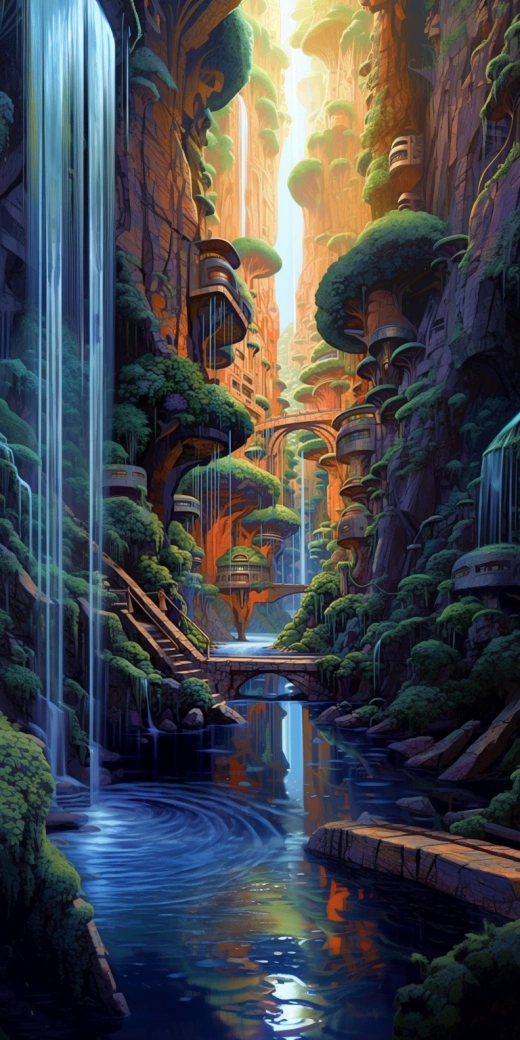 未來幻想世界：童話般魅力驚艷建筑、瀑布水從苔石傾瀉、紅木森林、波西米亞未來天堂、樹枝般連接的高架步道，超廣角，以Syd Mead、Ana Maria Edulescu和Paul Lik風格，ASCII藝術。