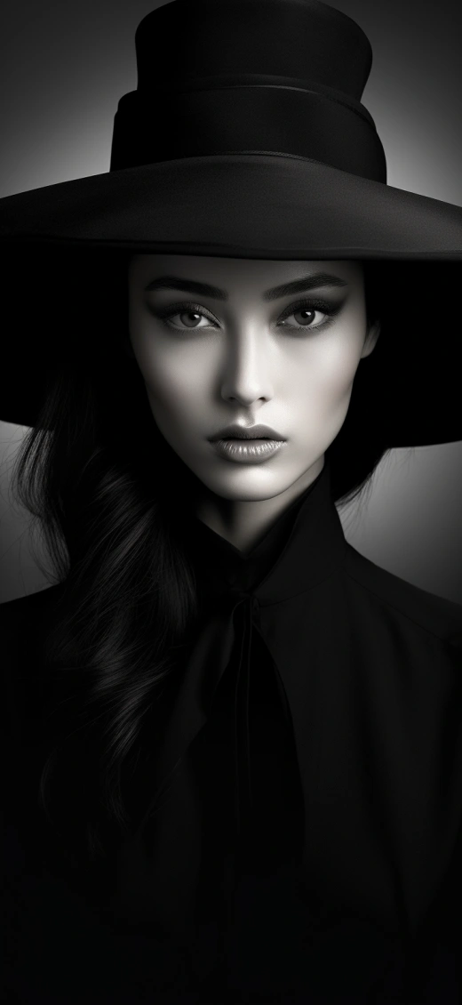 黑白视觉艺术：亚洲美女戴宽檐帽手套，迷人眼神。
