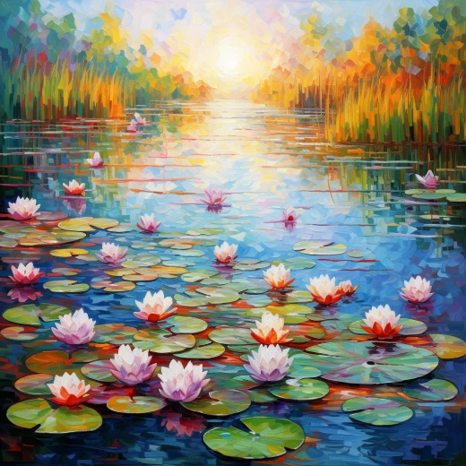 花海湖泊的印象派畫作，連續動作拼圖，64K高清，繁花盛景