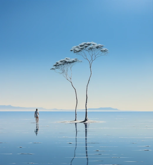 “夏日沙灘，三樹依影，青藍交錯，光影交織，細節(jié)至臻”
