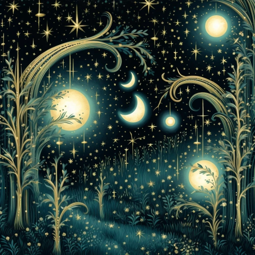 夜空中熠熠閃爍的螢火蟲、閃爍的星星和彎彎的月亮，一個令人心醉的夜晚設計。