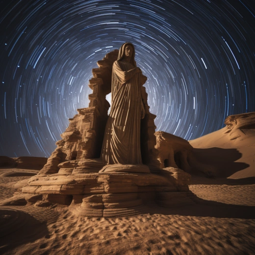 古代廢墟巨石指向東方，星軌攝影描繪神秘，高清細(xì)膩如漫畫。