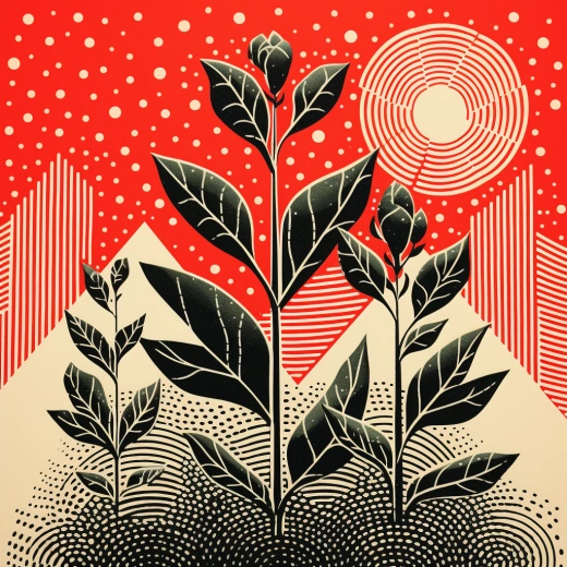 平面生長的植物，線刻，極度近距離，半色調，具有粗糙紋理的risograph，至尊幾何形狀，流行藝術，白色背景，以大膽現代主義圖形設計的風格，瑞士風格，克盧日學派，由Dan Hipp 4k創作。