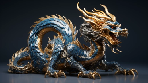 神韻綻放：藍龍翱翔，金光閃耀。水墨與動畫交融，展現栩栩如生的飛龍之美。