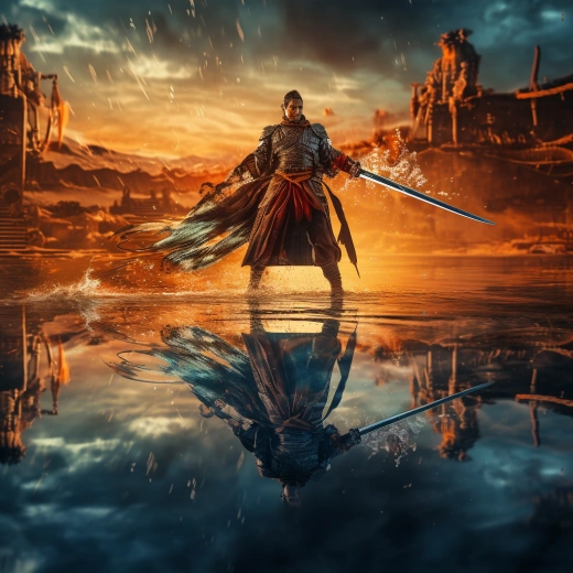 遠古武士的斗爭：雙重曝光下的英雄，漫畫小說風格，8K HDR