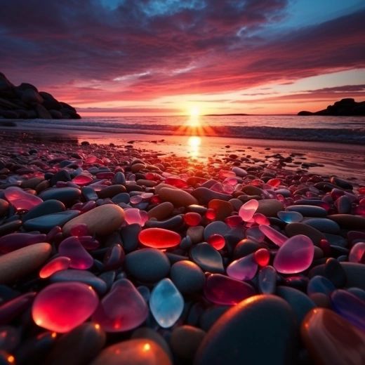 緋紅夕陽下的海灘，璀璨的海邊玻璃。