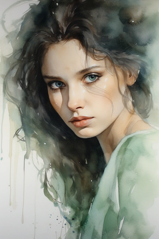 活力四溢的青年女性的水彩肖像畫