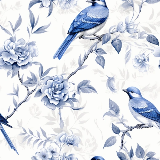 白底藍(lán)鳥紋，細(xì)致Toile de Jouy插圖