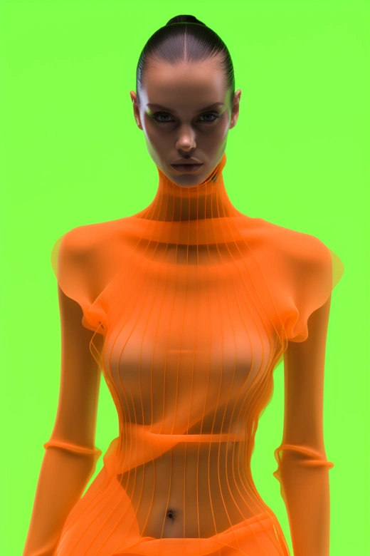 “迷人的時尚姿態，透明中的扭曲藝術——橙裙女郎，Daz3D的極簡裝扮，強烈震撼的霓虹色調”