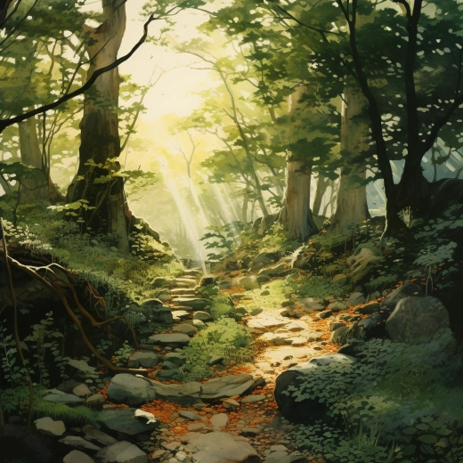 陽光灑滿蔥蘢森林，枝葉間的光影，中國水墨風(fēng)，32K，超高質(zhì)量。