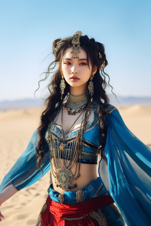 美麗的20歲中國維吾爾舞者，在藍色金屬首飾的襯托下，身穿精致服飾，置身于玄幻的沙漠中，陽光照耀下，天空湛藍。