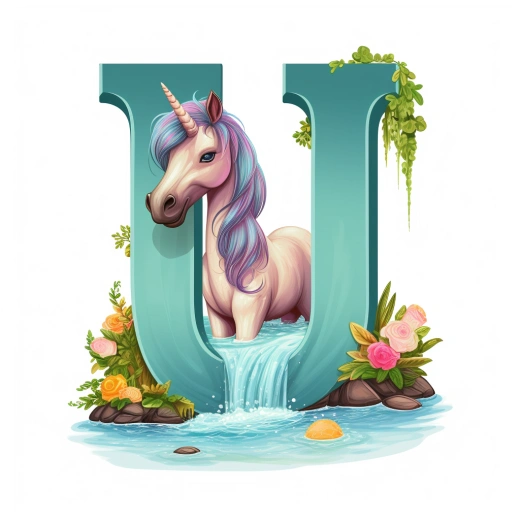 瀑布旁可愛的小獨角獸，色彩簡潔明亮，卡通風格，生動活潑