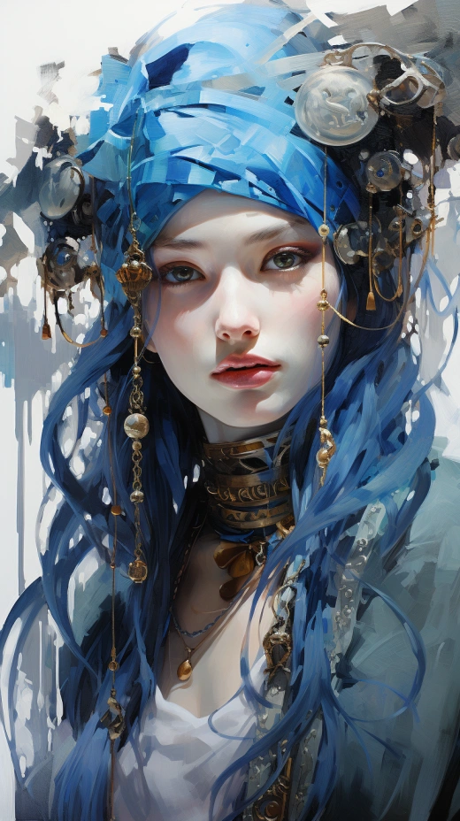 未来女性：电蓝头饰的神秘眼神，承袭诺亚·布拉德利风格，奇幻绚烂，反传统之美。