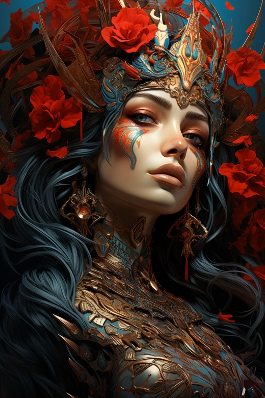 迷人墨西哥女子：Dia de los Muertos風格，美麗面容，超詳細描繪，藍綠與紅色交織的肖像畫