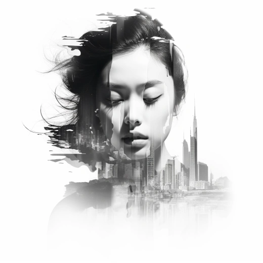 中國美女與現代城市建筑的多重曝光攝影：超高清創意與現實效果