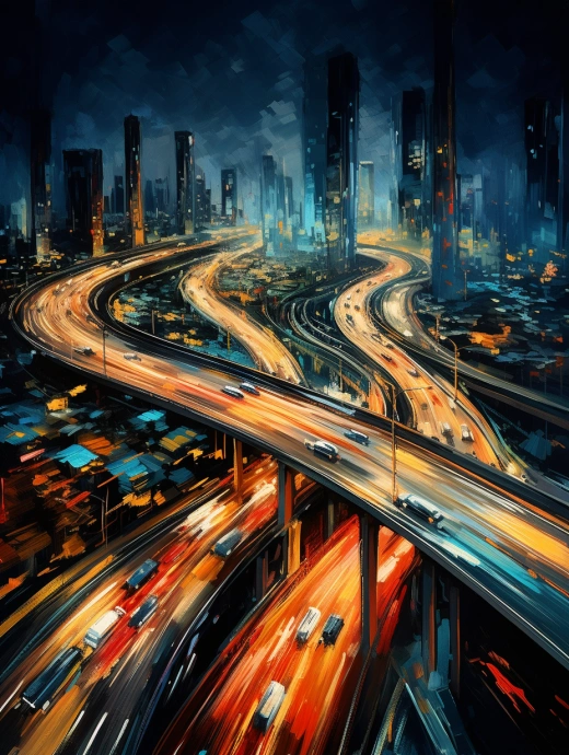 夜晚高速公路，鳥瞰視角，車燈熠熠生輝