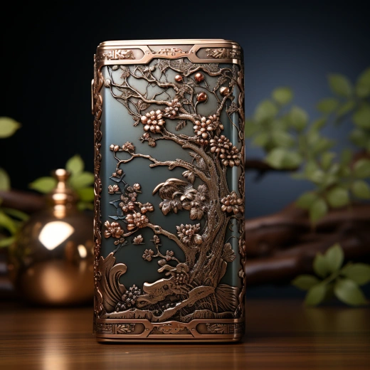 金色中国山水画饰刻矩形金属酒盒，瑰丽和谐，引人入胜。