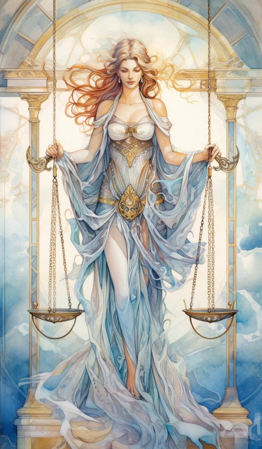 司法女神，平衡之劍，幕簾背景，神秘迷人，寧靜水彩，新藝術風格，Mucha 感覺，背光，冷靜色調，不對稱構圖，精細細節，塔羅牌。