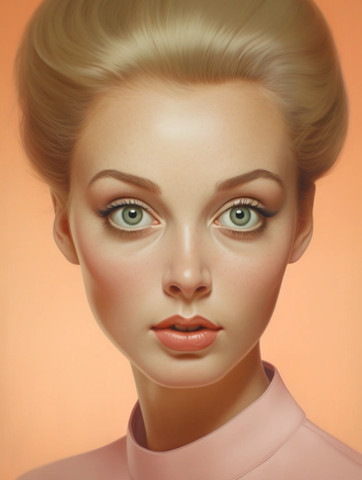 魅惑飘然，60年代风，粉橙光影，真实眼眸，攫人姿态——灵感来自格兰特·伍德的绘画