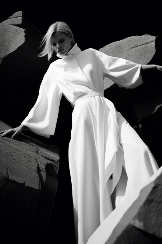 搖曳動感，白色長發(fā)女郎，石塊間倚靠，時尚風(fēng)格Gareth Pugh，黑白線條圖像，利用工具物品，經(jīng)典標(biāo)志，動態(tài)平衡。