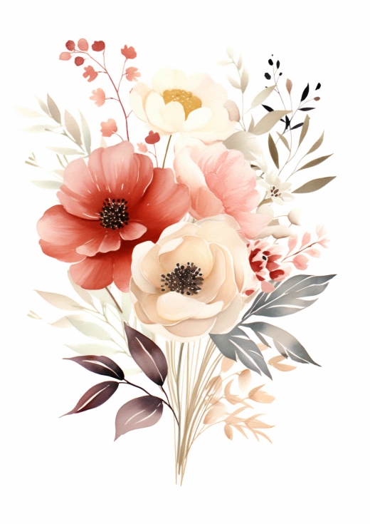 水彩花卉印花，白底，浅红和深灰风格，柔和色彩，淡栗红和深米色，多彩装饰，插图，淡粉和白色，浅粉和灰色。