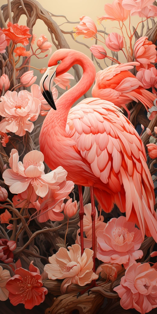 荷塘中婀娜起舞，粉色火烈鸟翩翩起舞，柔和粉彩，日本风韵。
