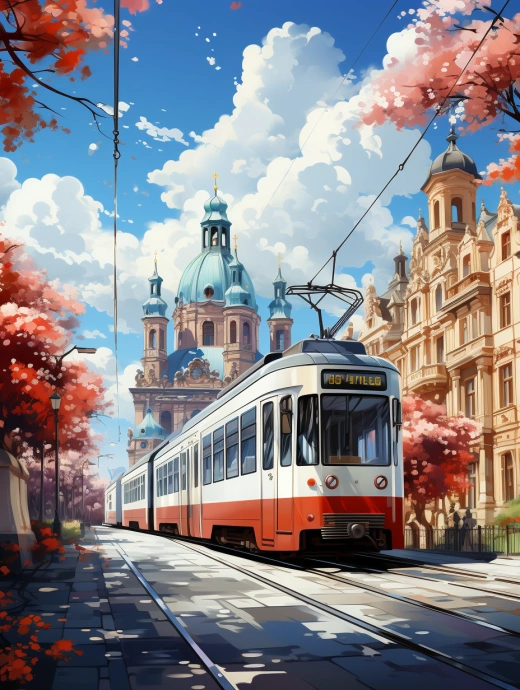 陽光明媚，布拉格歷史街道上的有軌電車
