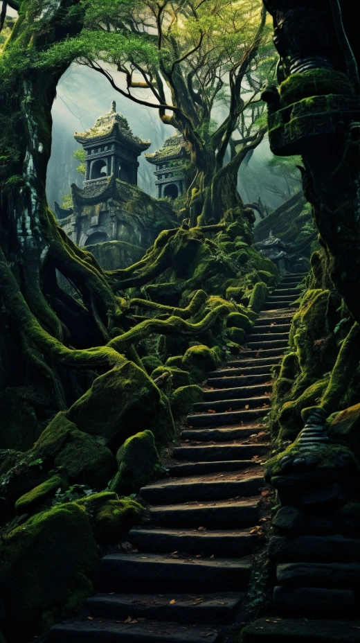 幽靜山徑，古樸寺廟，青苔覆蓋石階，古松扭曲婆娑，神秘氛圍引發好奇探索。