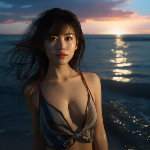 海邊日落，細節華麗，異想天開，8K視界中的中國女孩。