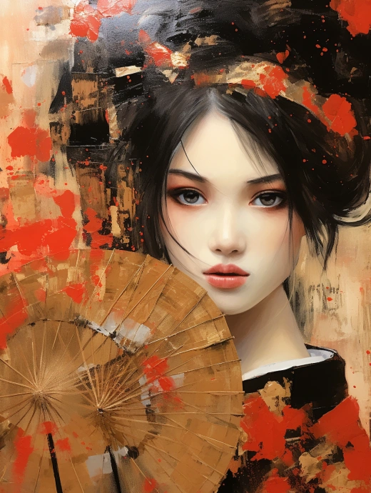 金色幻影，日本藝妓的雷諾瓦風格印象派繪畫。