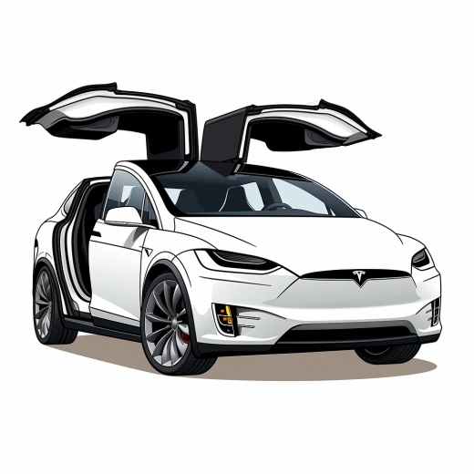 卡通特斯拉Model X矢量圖，車門敞開，簡潔矢量，剪貼畫，2D矢量資產，簡約矢量，粗線輪廓，白色背景。