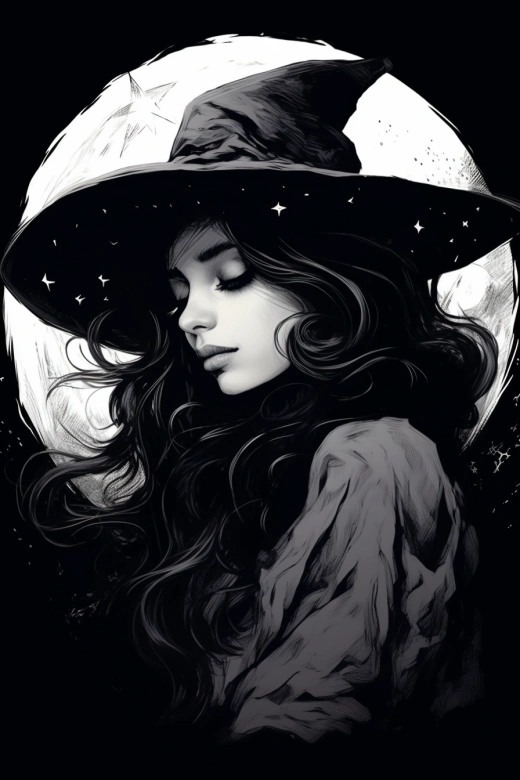 黑白绘风中的女巫，怀抱神秘的猫，在她怀里神奇地有月亮和星星。