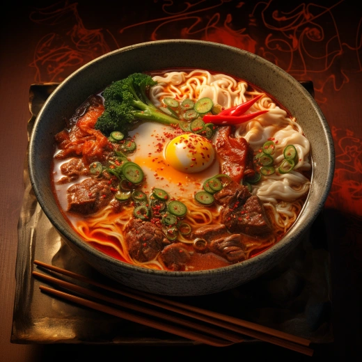 鮮香牛肉面，飄香蔥花辣椒，抽象攝影，日本浮世繪，16k高清