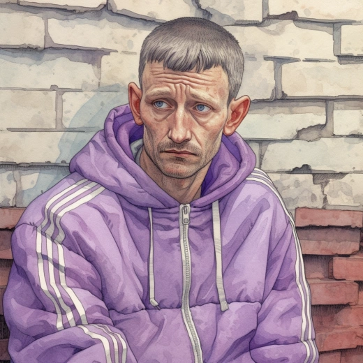 孤獨的俄羅斯貧民窟男子，紫色阿迪達斯運動服，凝視墻上的相機。