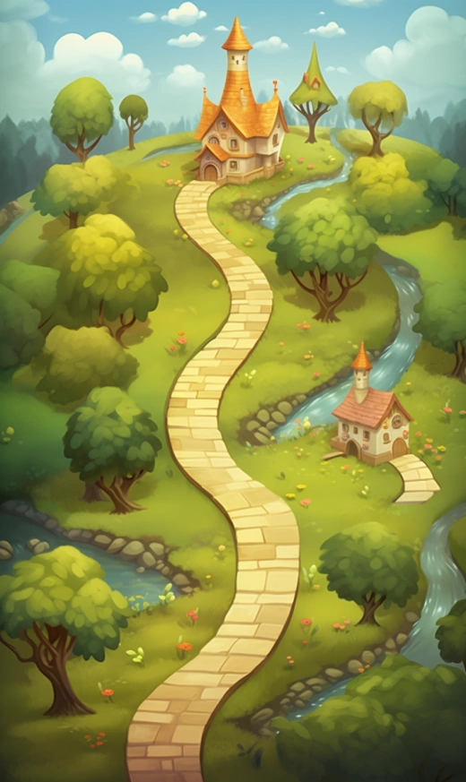 迪士尼风格游戏地图，森林中蜿蜒小径，郁郁葱葱的树木和古老美丽的房屋。