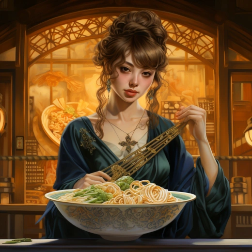 「濃香拉面美味盎然，長條面線入口絲滑，湯汁濃郁，蔥花和芝麻點綴，高速連拍，Mucha人像塔羅，32K HDR」