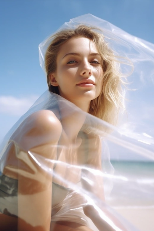 海灘美女，裹身透明塑料薄膜，誘人迷幻的風景。