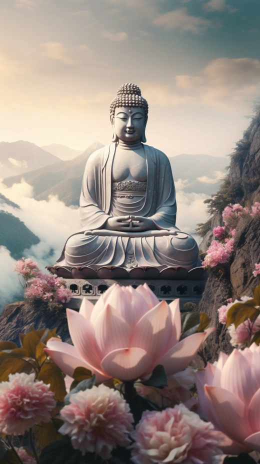 佛像山間，蓮花相伴