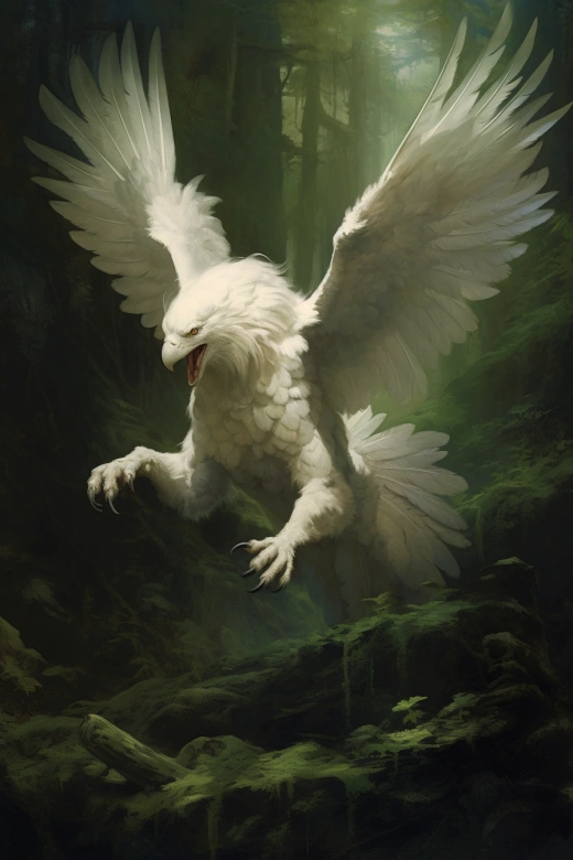 幽暗神秘森林中的文藝復興風格油畫：清澈森林中的白色獅鷲