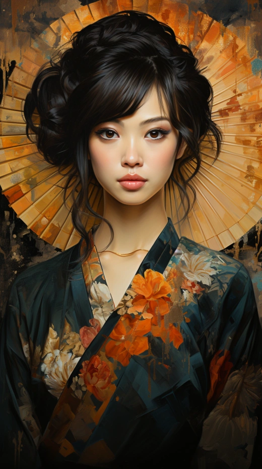 唐代模型，古斯塔夫·克林姆特的風格，紋理油畫和水彩混合，現代，杰作，聚焦，動態背景，詳細，豐富多彩。