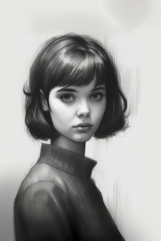 13歲的瑪格麗特奧布萊恩，時尚短黑齊肩發型的鉛筆素描風格。