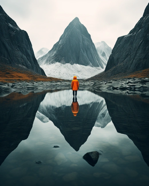 行走在淺水中的男人，山脈美景中的和諧對稱，仿真的風景，深綠藍和橙色交織，鏡面效果。