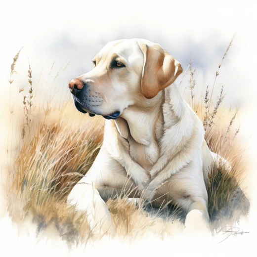 優雅黃色實驗室犬躺在草地上的水彩畫