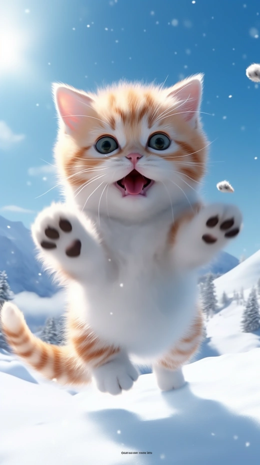 冬日中的小貓雪地蹦跳，盡顯光線追蹤風(fēng)格，表情生動，雪花飄舞，可愛動人，高清清晰，帶動漫美學(xué)風(fēng)格，32K超高清，面部表情強烈，快樂樂觀。