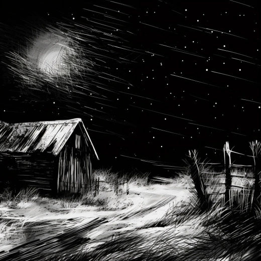 冬夜明星照耀雪中木屋