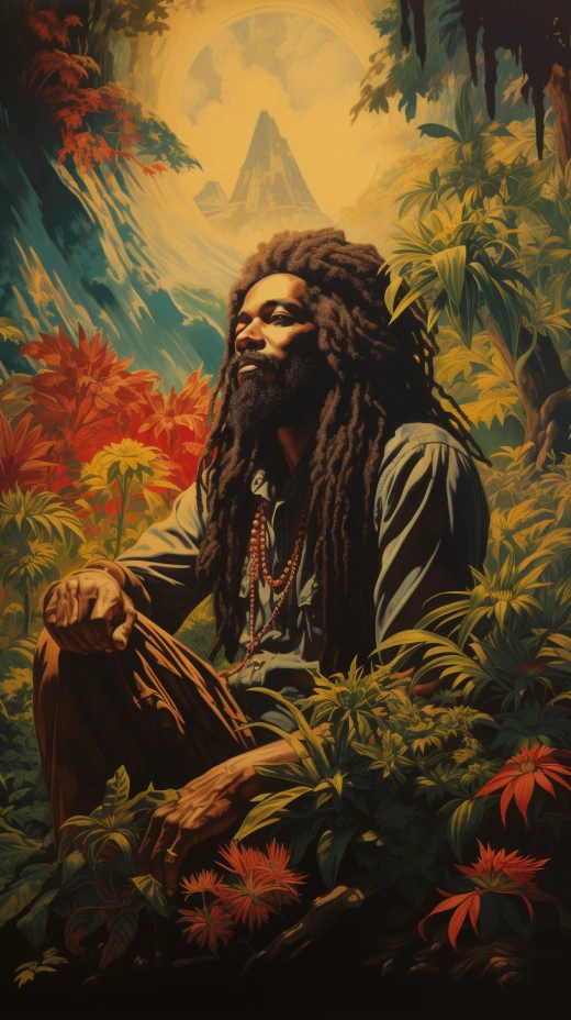 雷鬼風格的故事色彩石版印刷，黑暗背景映襯，獨立鮮明，引人入勝。